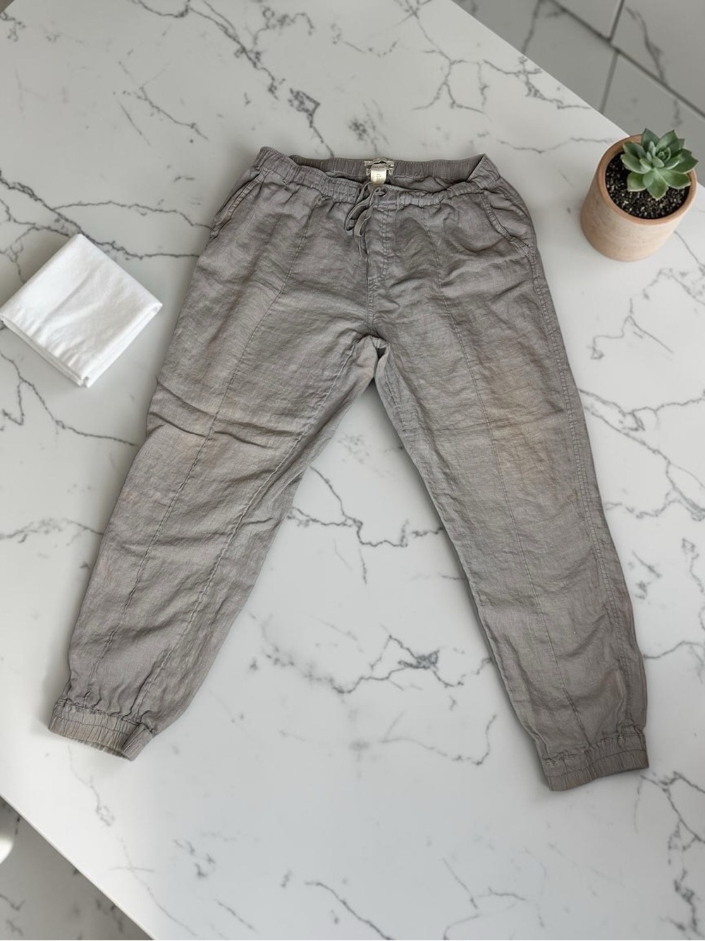 Cynthia Rowley Light Gray Drawstring Jogger Linen Pants Size Large